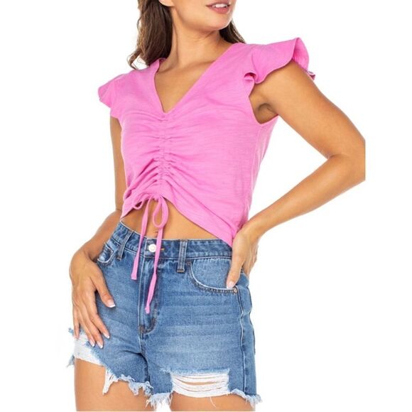 Women's Ruched Front Cropped Cotton Short Sleeve T-Shirt Top 2-Pack Size L - Picture 8 of 9